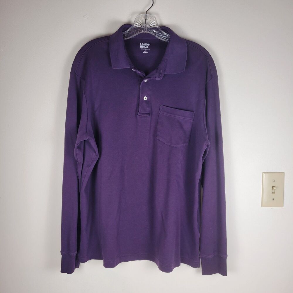 Land's End Men's 3 Button Long Sleeve Polo Traditional Fit Purple 100% Cotton L